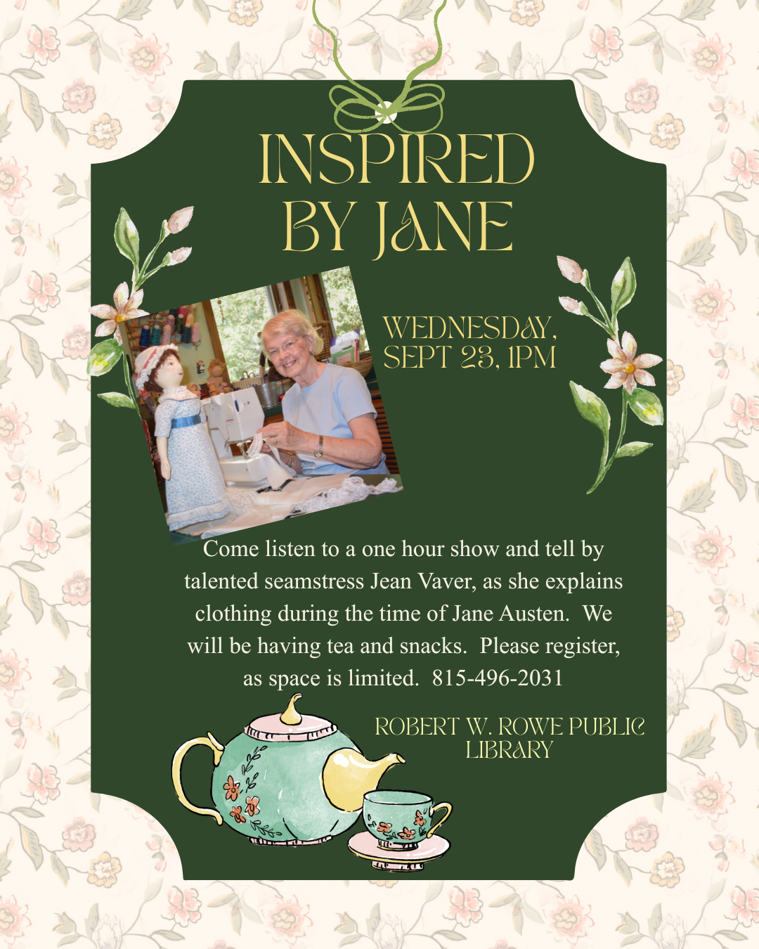 Women at sewing machine with doll. Teapot, cup and flowers.